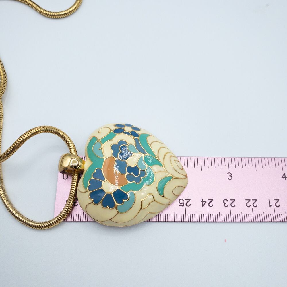 Vintage Cloisonné Enamel Heart Necklace Floral Gold Tone - Picture 5 of 7